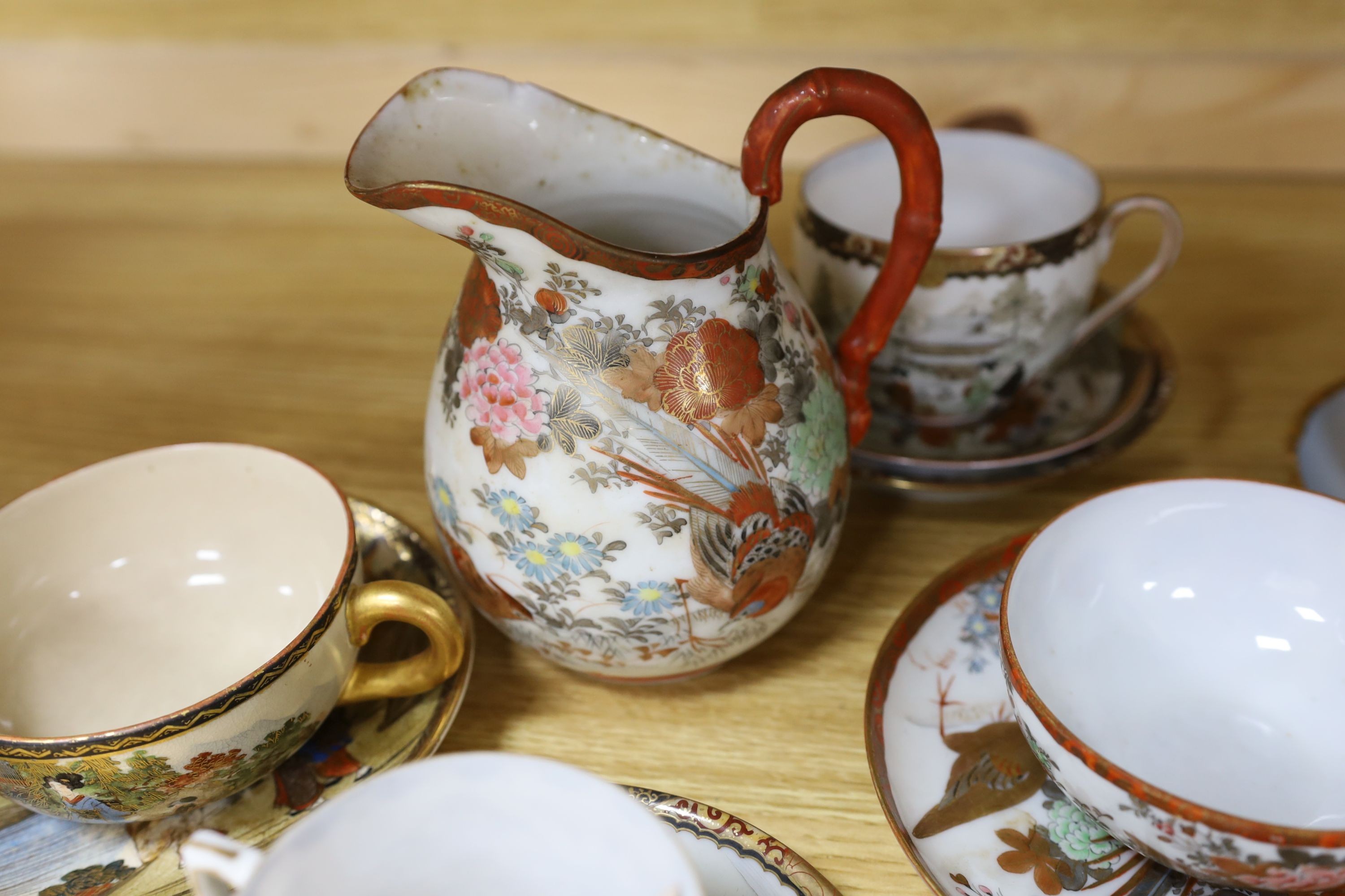 Japanese Satsuma pottery teacup and saucer, various Japanese excel porcelain cups and saucers and a Sumida bowl